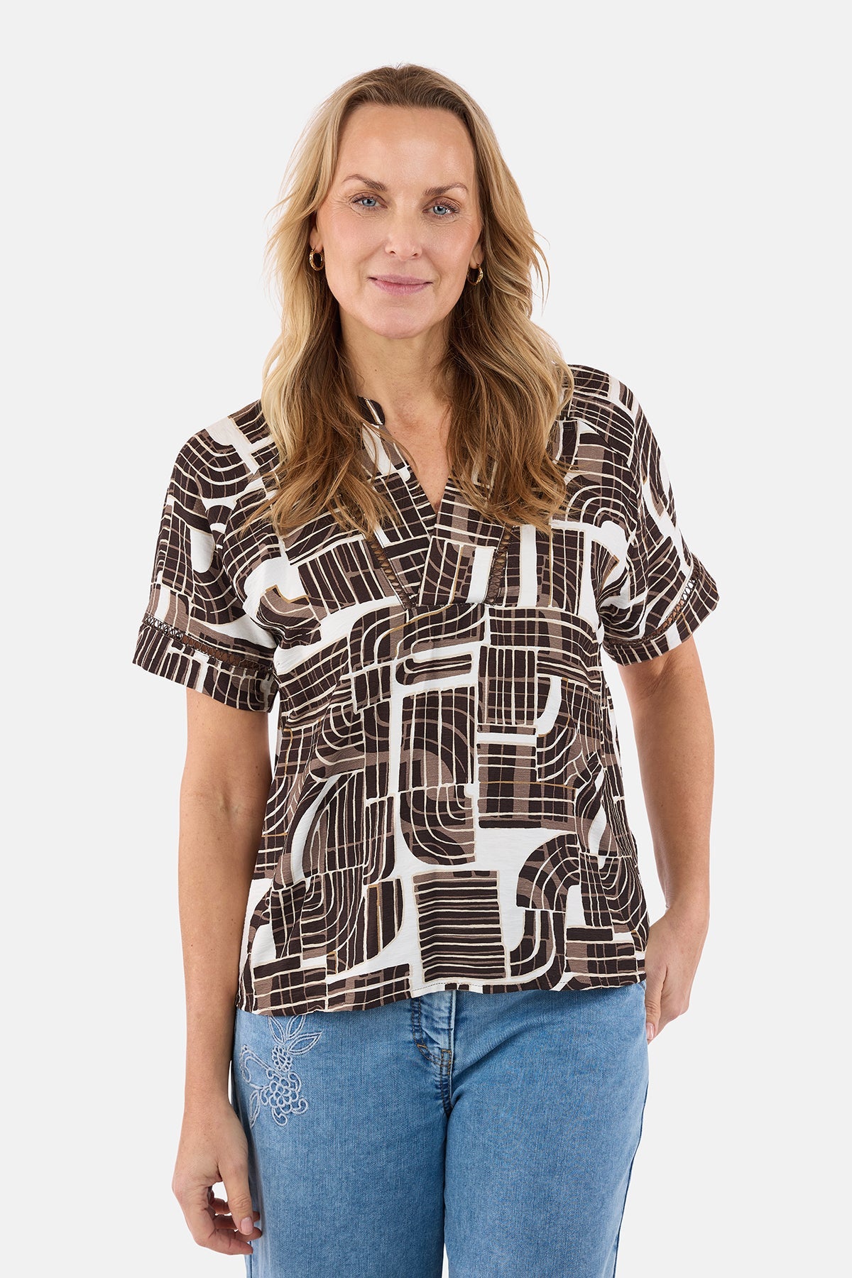 Kortærmet Bluse - Brun - Grafisk Print