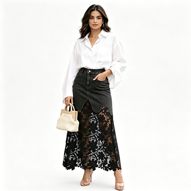 Emma denim bodycon-nederdel med blonde
