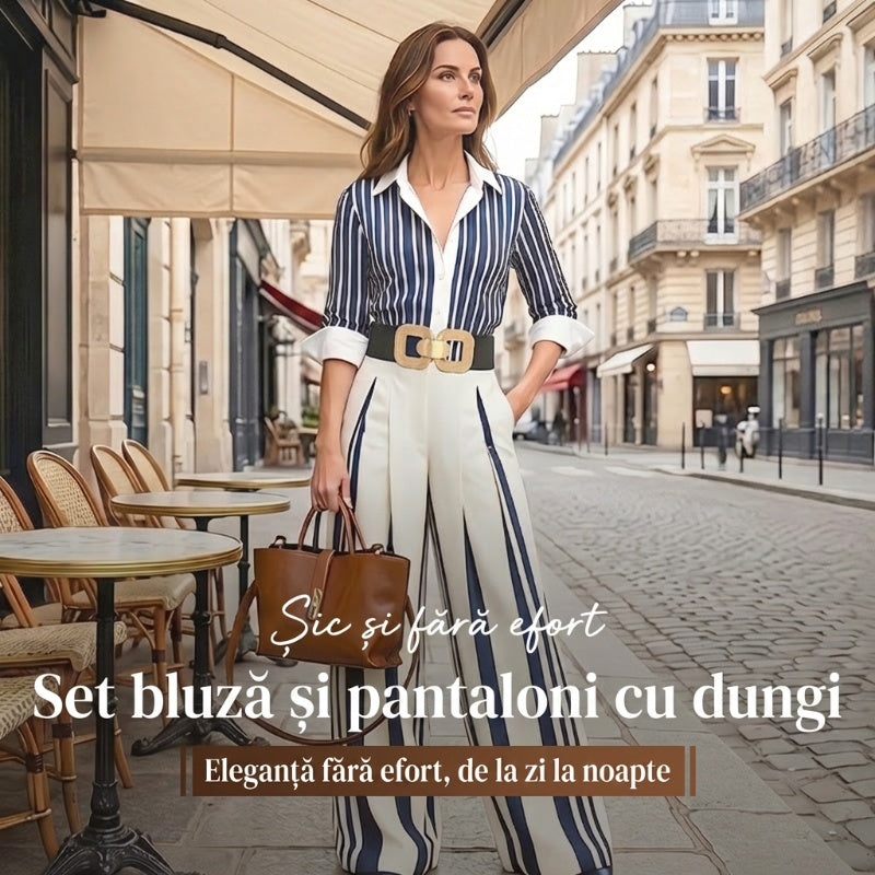 Fiora™ Serena Stribet Skjortesæt med Vide Bukser