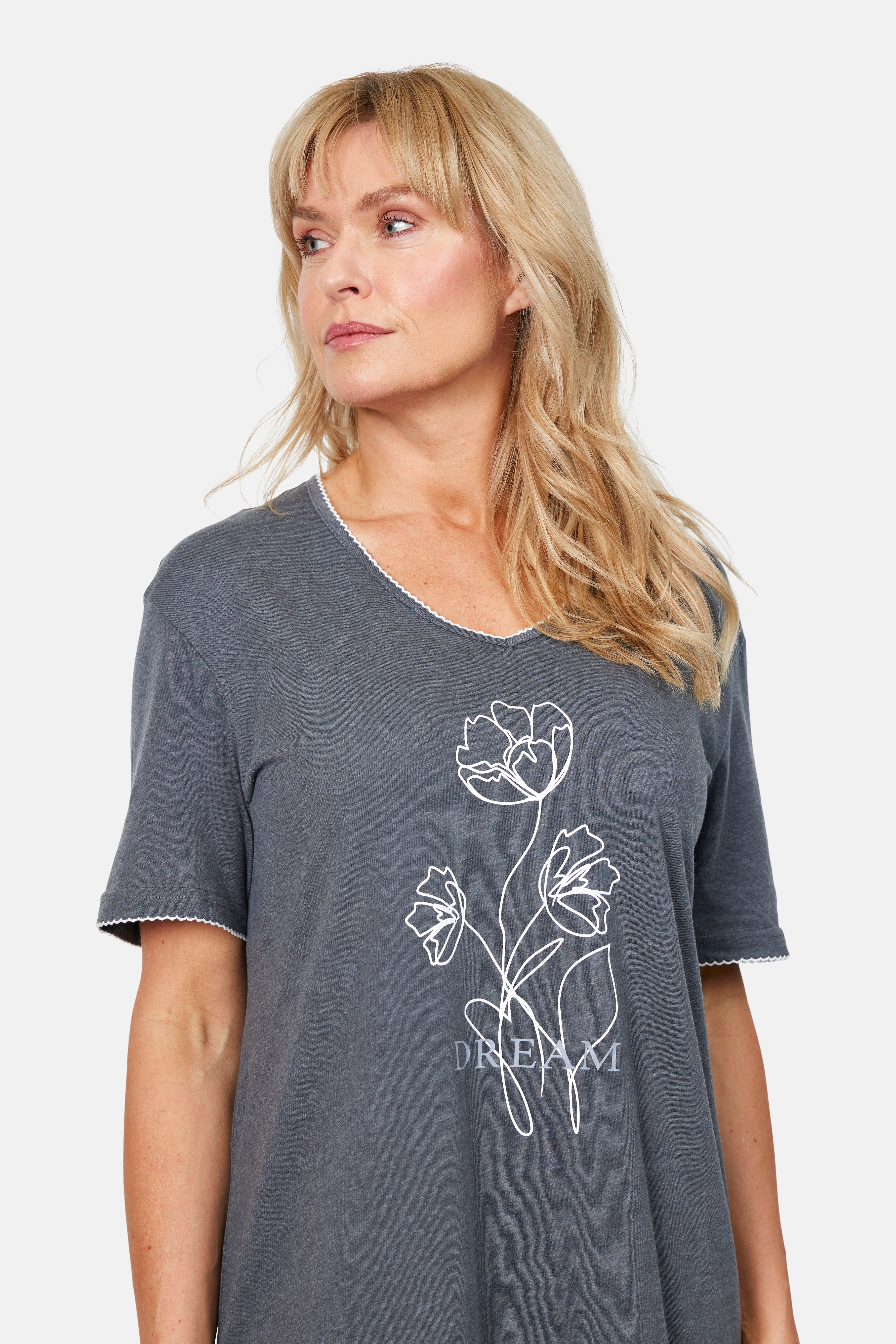 Natkjole - Mørkegrå Melange - Blomsterprint
