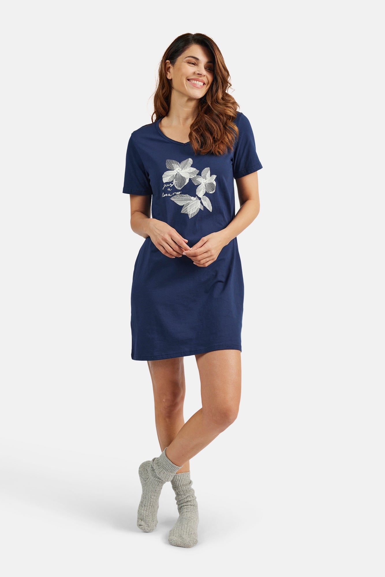 Natkjole - Navy - Blomsterprint
