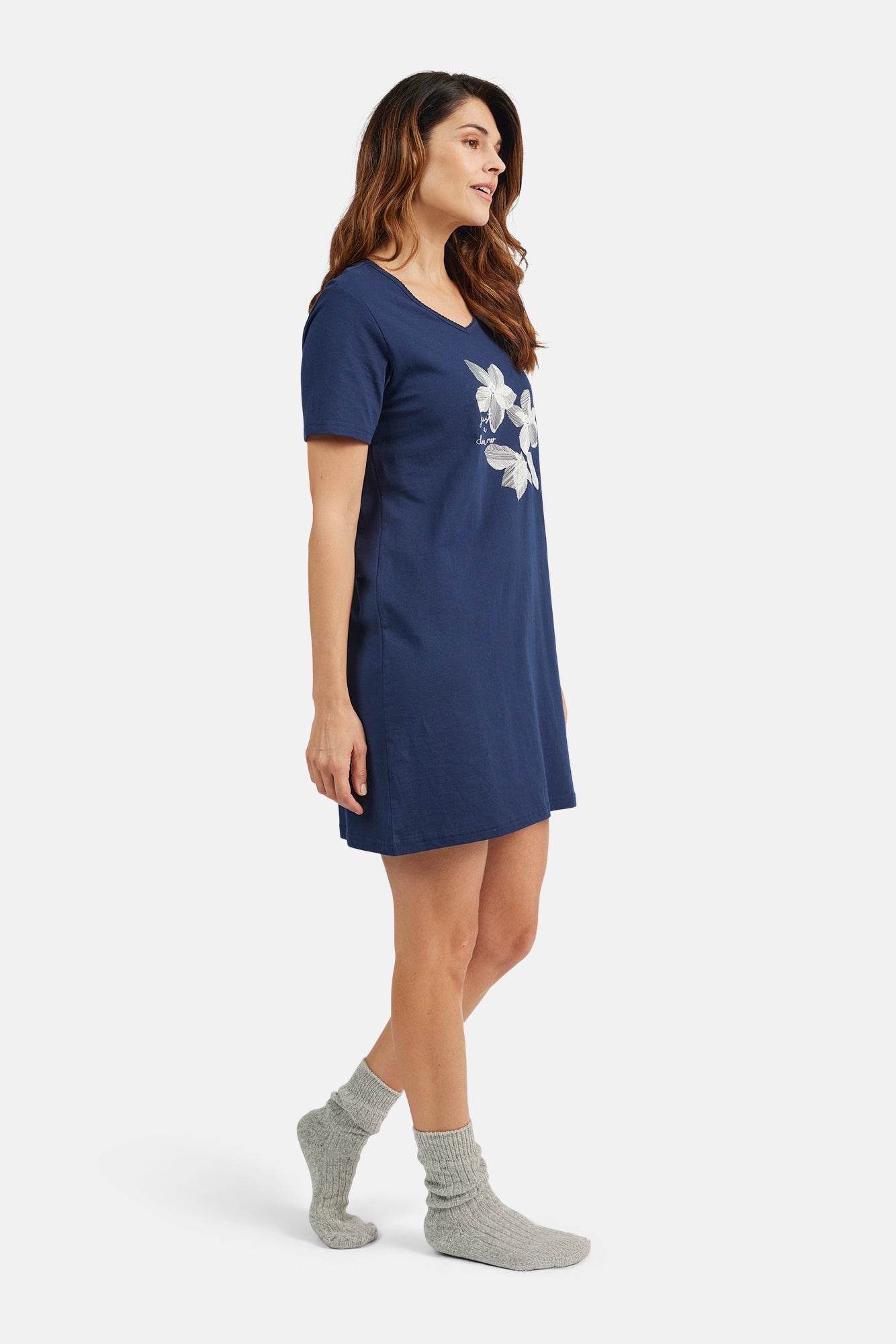 Natkjole - Navy - Blomsterprint