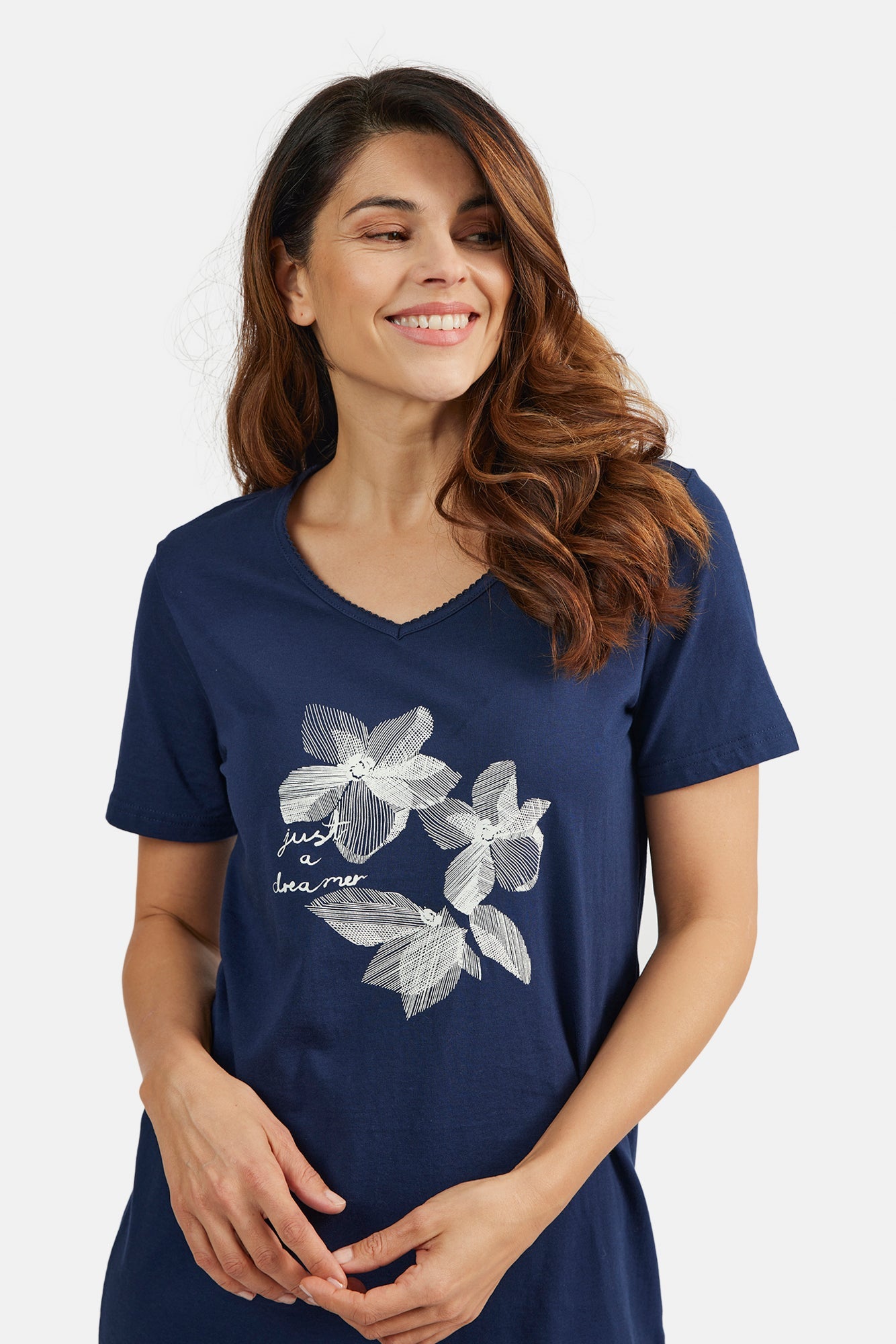 Natkjole - Navy - Blomsterprint