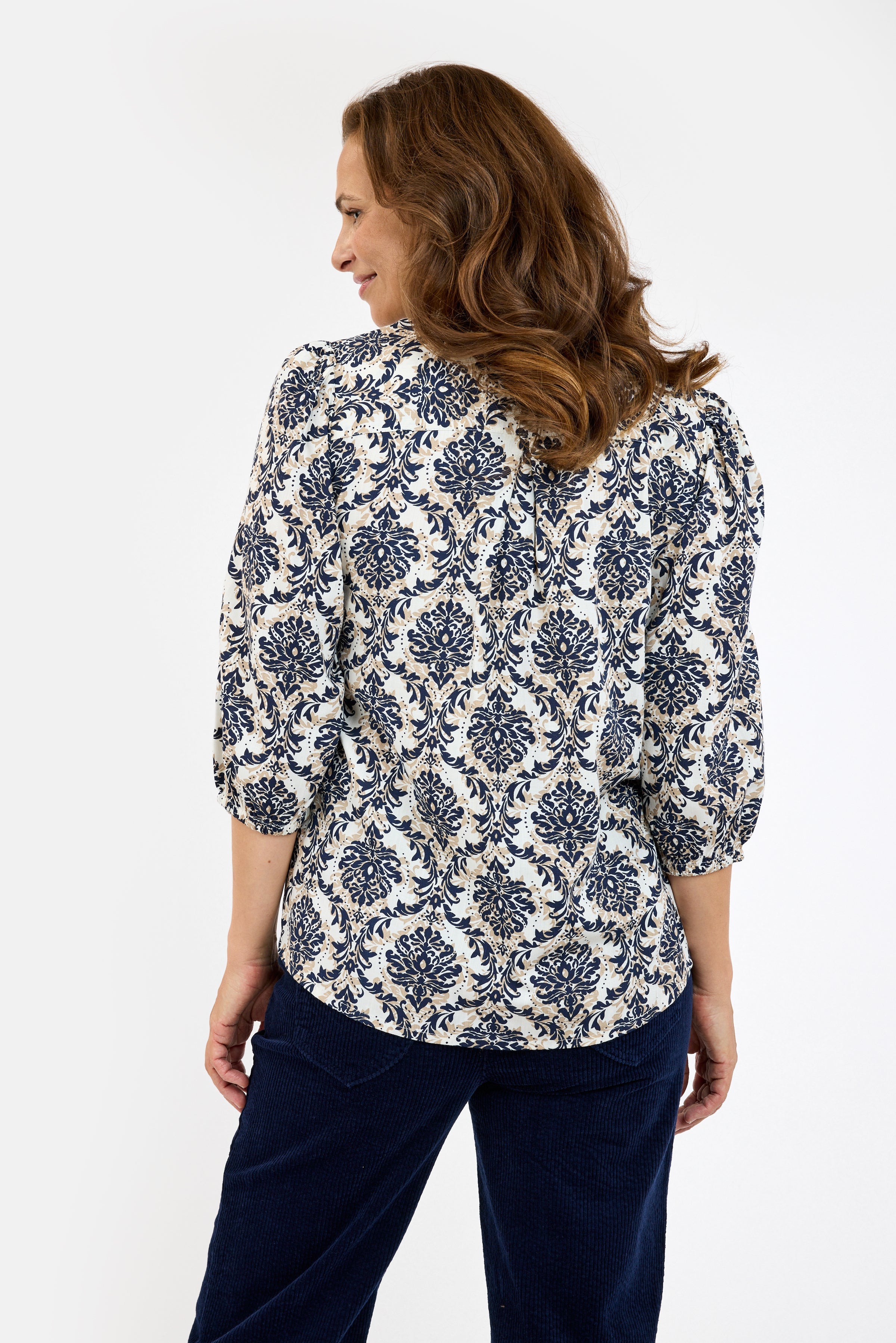 3/4 Ærmet Bluse - Navy / Sand Mix - Mønstret