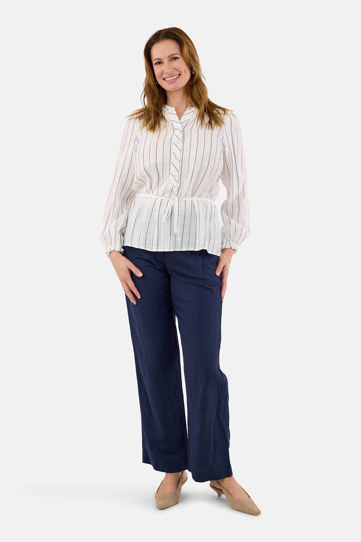 Langærmet Bluse - Off White / Sort - Med Bindebånd