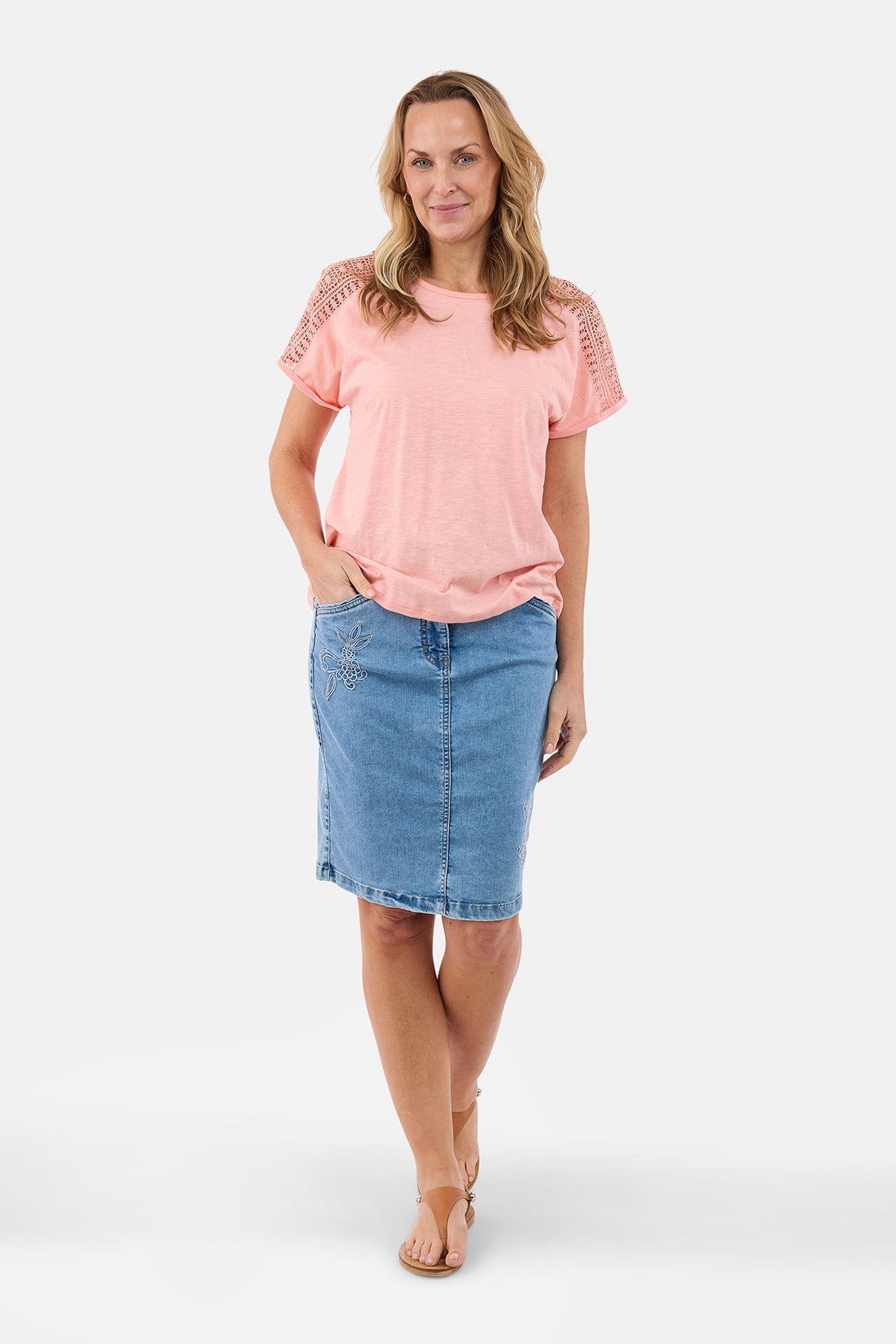 Denim Nederdel - Blå - Broderidetalje