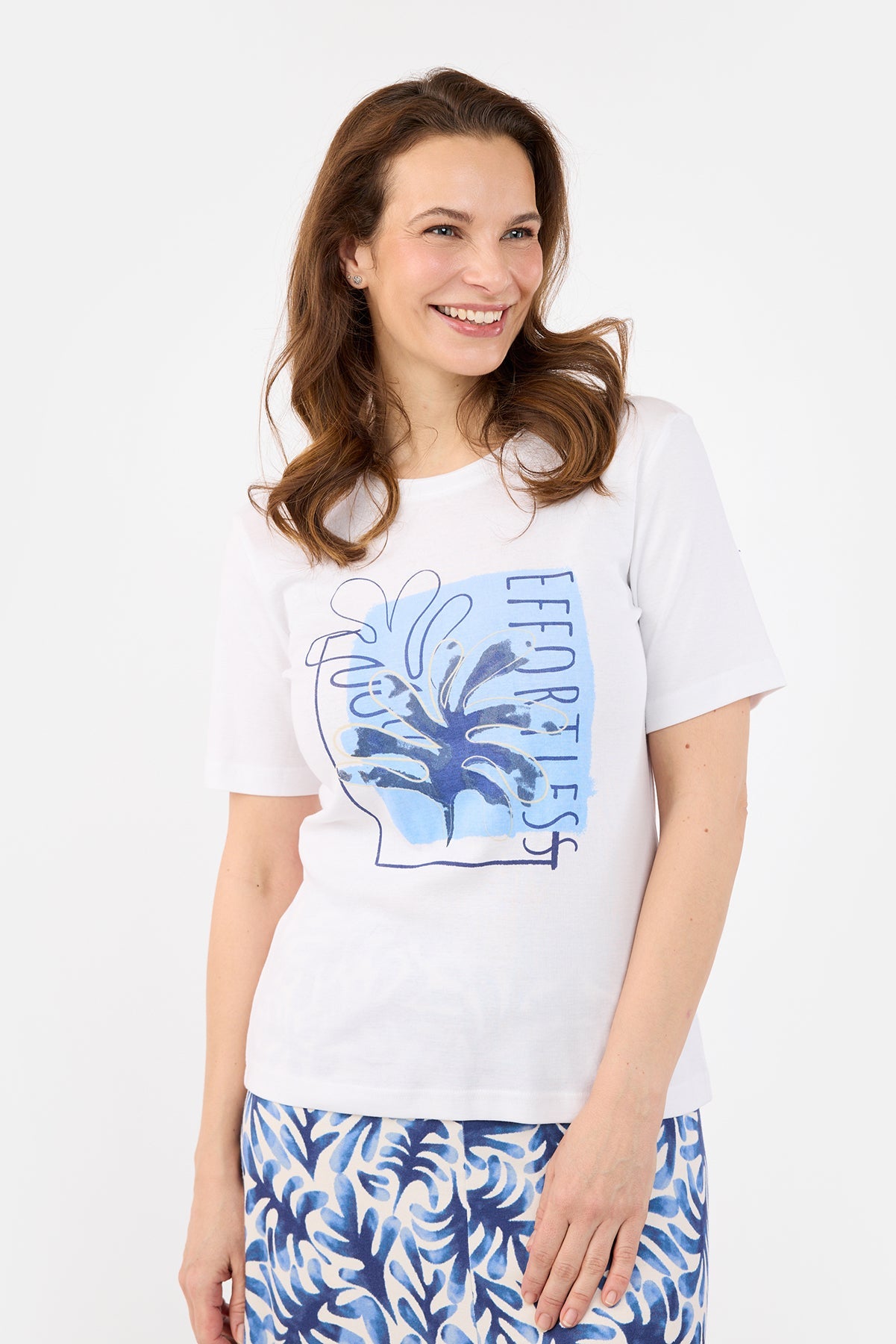 Kortærmet T-shirt - Hvid / Blå  - Med Print