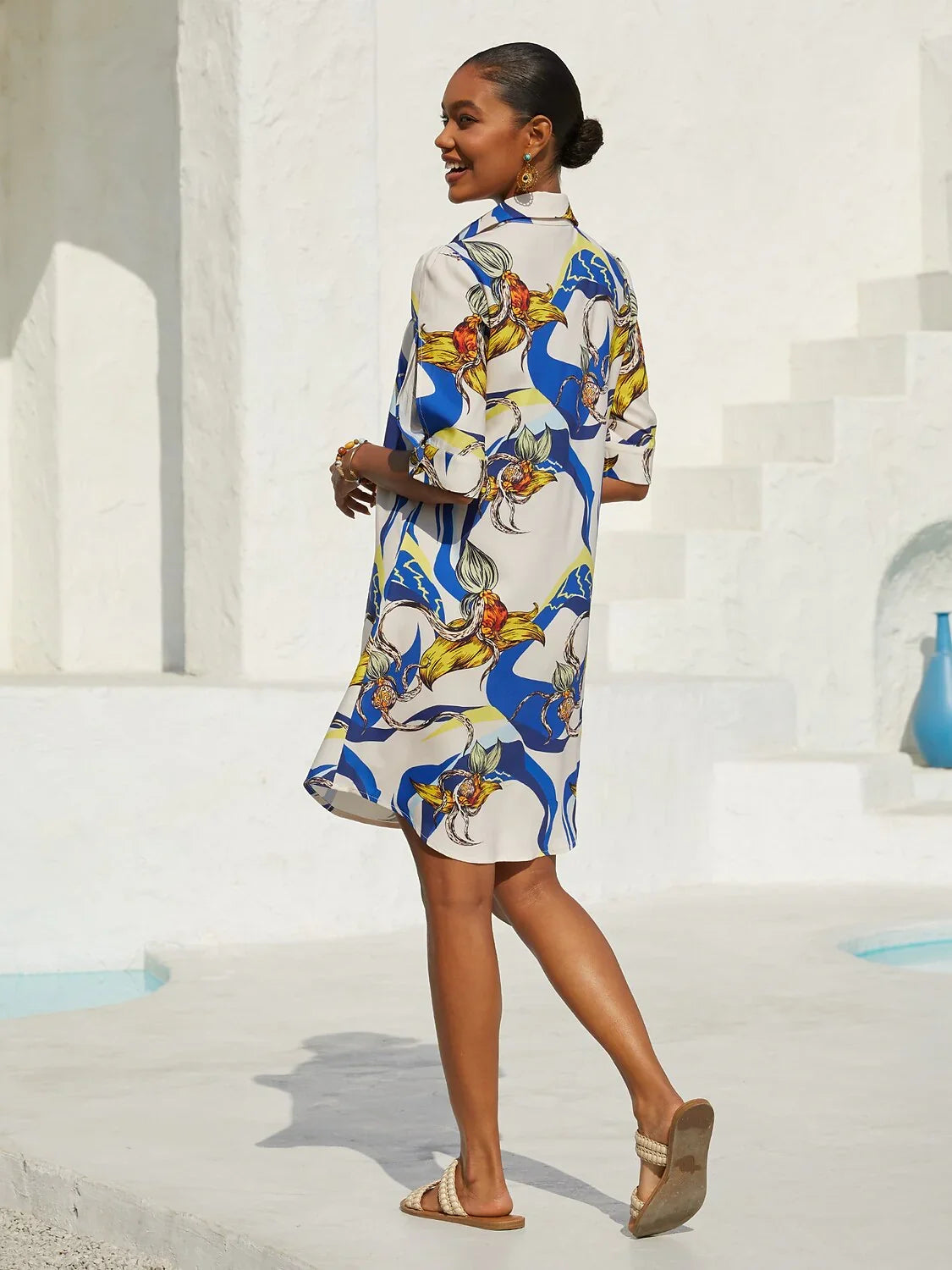 Santorini silkeblød skjortekjole med print