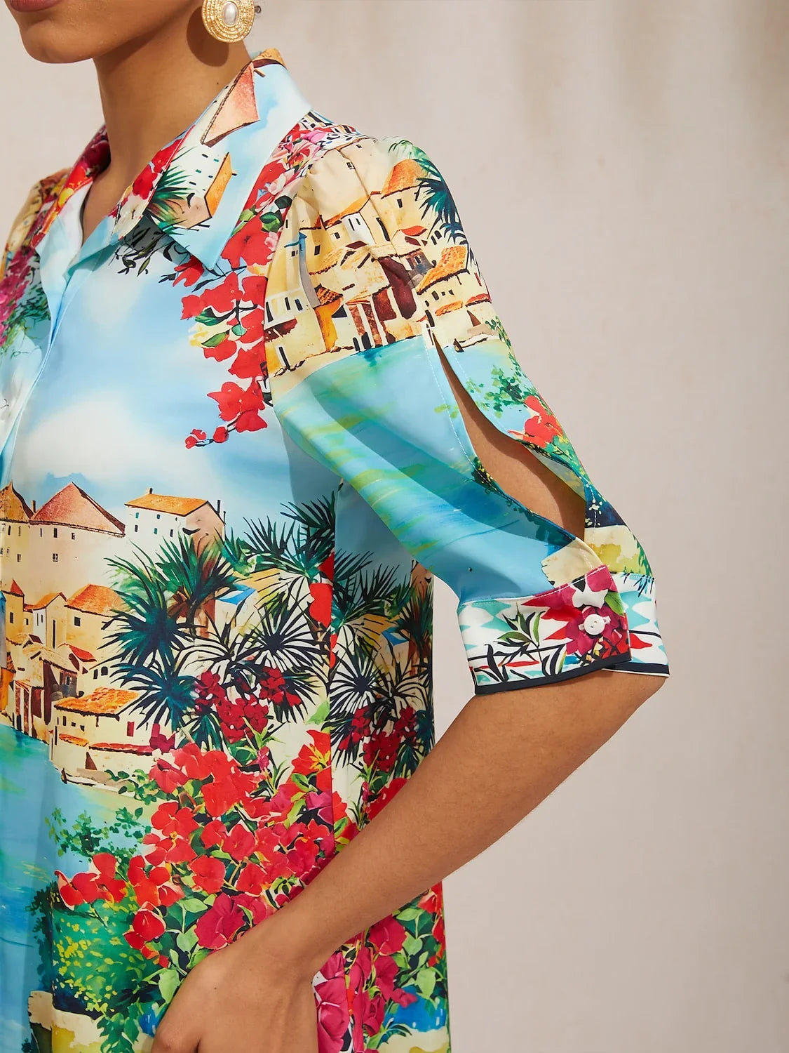 Santorini silkeblød skjortekjole med print
