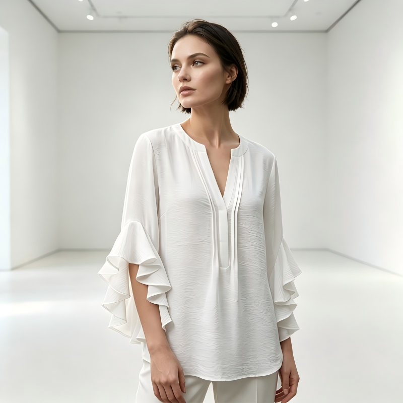 Fiora™ Amelie Volantbluse med V-hals - Hvid