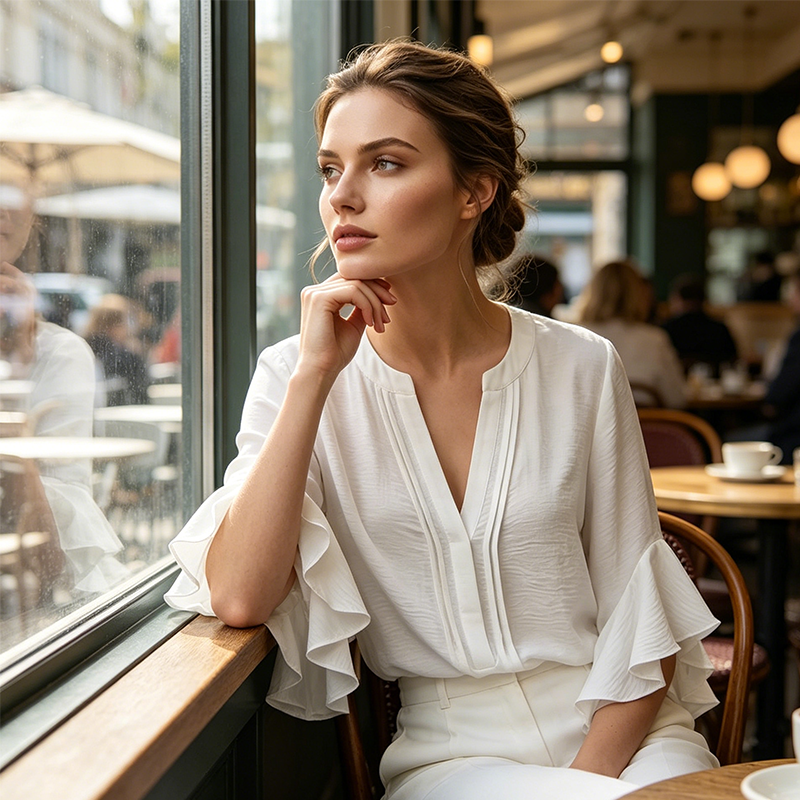 Fiora™ Amelie Volantbluse med V-hals - Hvid