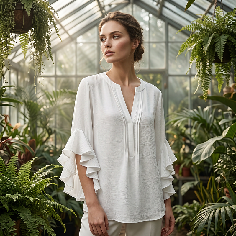Fiora™ Amelie Volantbluse med V-hals - Sort