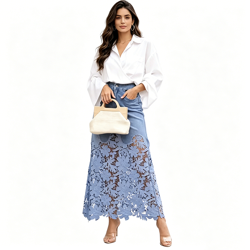 Emma denim bodycon-nederdel med blonde