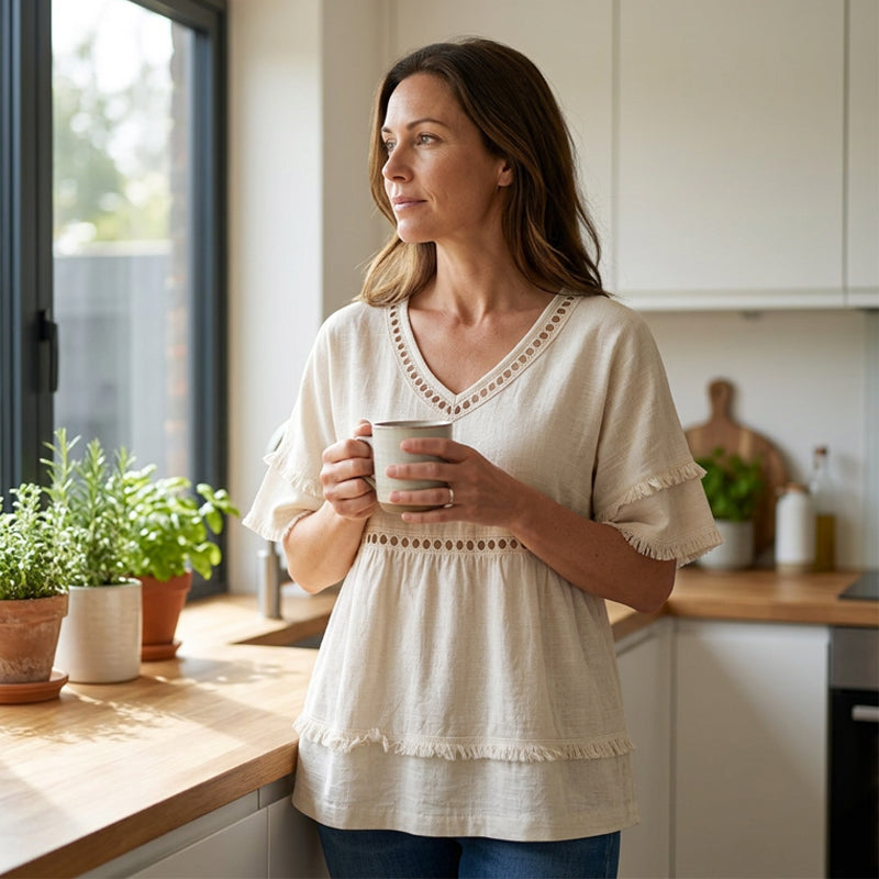 Fiora™ Selina Bohemebluse med Frynser og Udskæringer