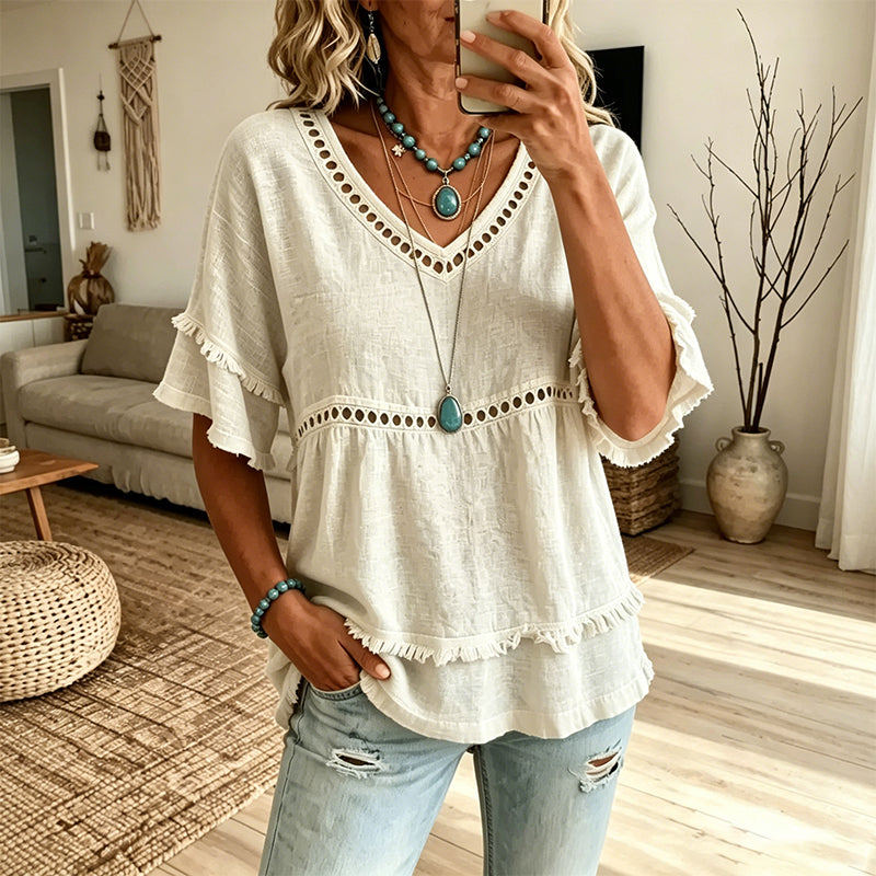Fiora™ Selina Bohemebluse med Frynser og Udskæringer