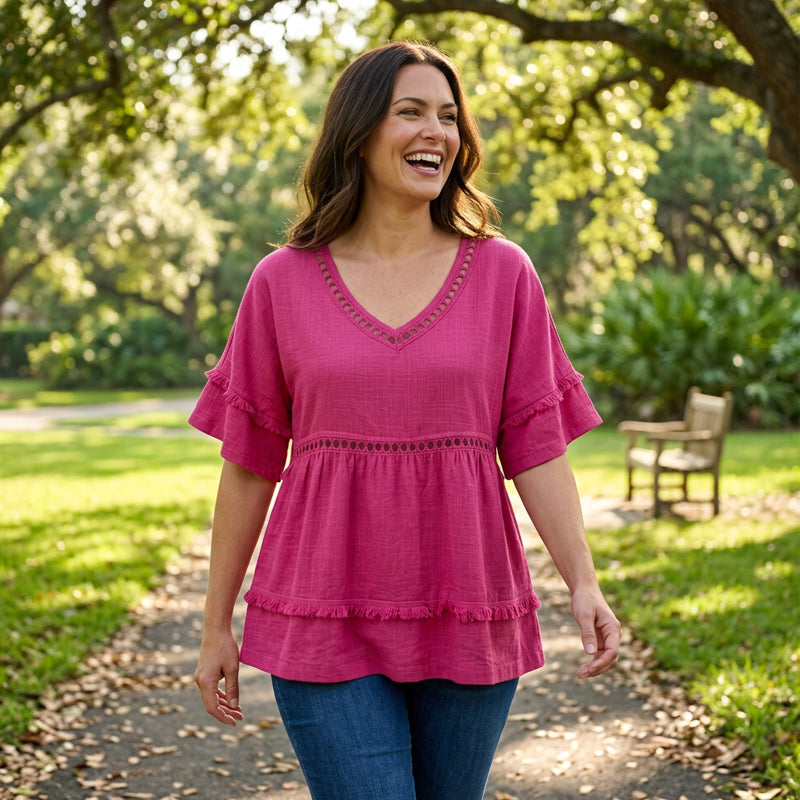 Fiora™ Selina Bohemebluse med Frynser og Udskæringer