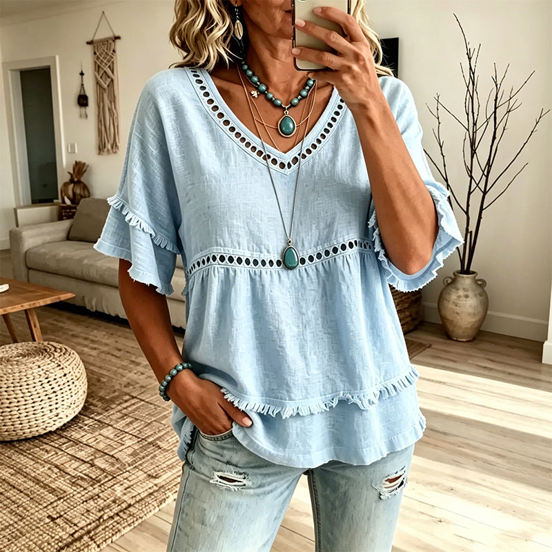 Fiora™ Selina Bohemebluse med Frynser og Udskæringer
