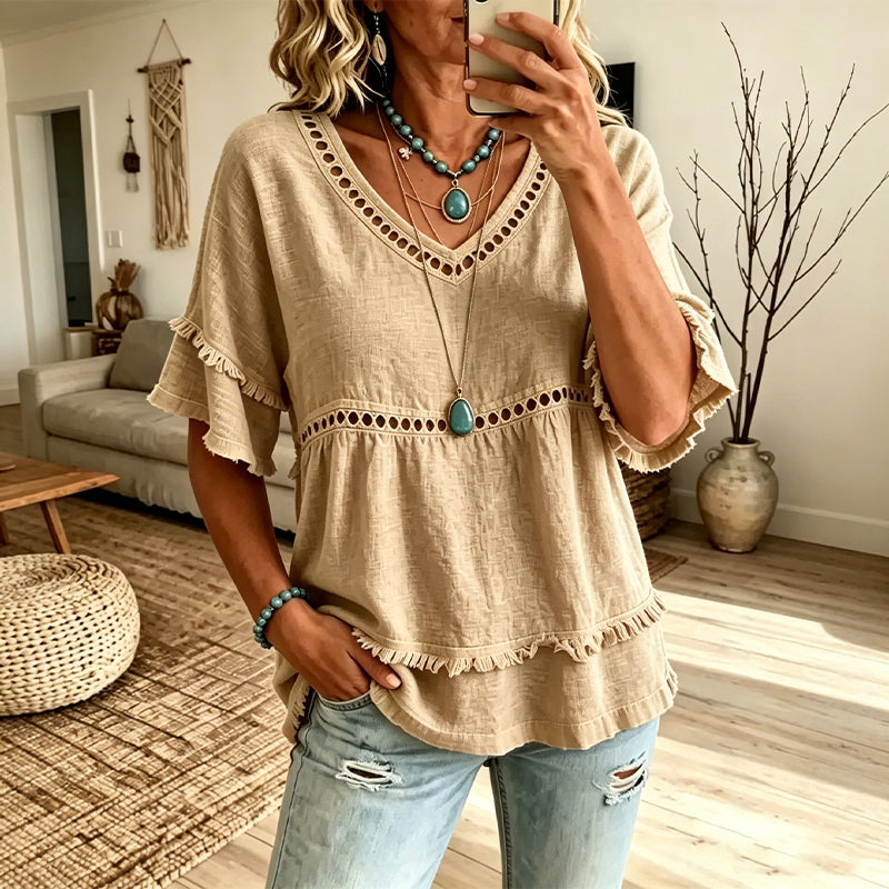Fiora™ Selina Bohemebluse med Frynser og Udskæringer