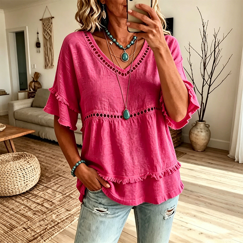 Fiora™ Selina Bohemebluse med Frynser og Udskæringer