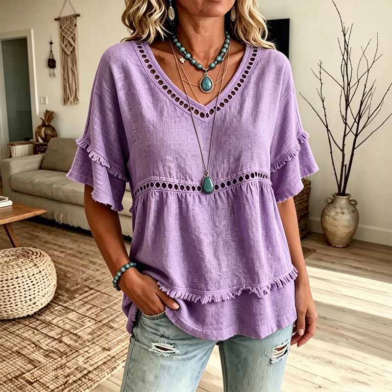 Fiora™ Selina Bohemebluse med Frynser og Udskæringer