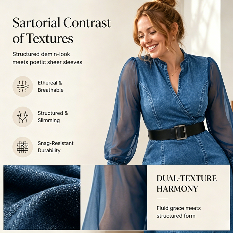 Fiora™ Valeria Figursyet Denim Midikjole med Høj Krave