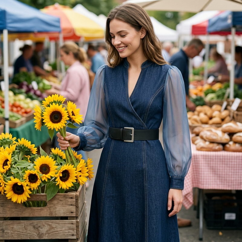 Fiora™ Valeria Figursyet Denim Midikjole med Høj Krave
