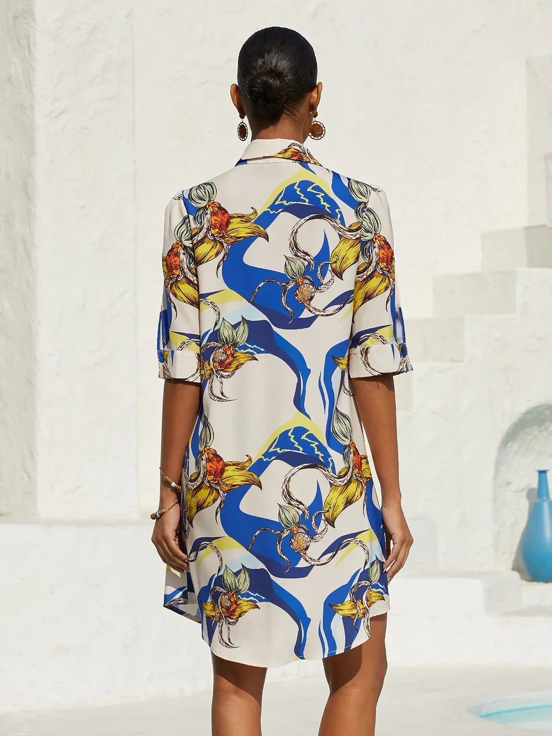 Santorini silkeblød skjortekjole med print